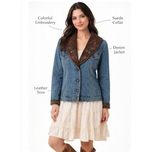 Brighton Womens Denim Jacket Embroidered Suede Collar Leather Trim Blue Medium